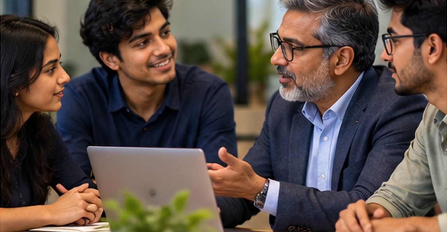 A mentor discussing work with three early-career professionals around a laptop