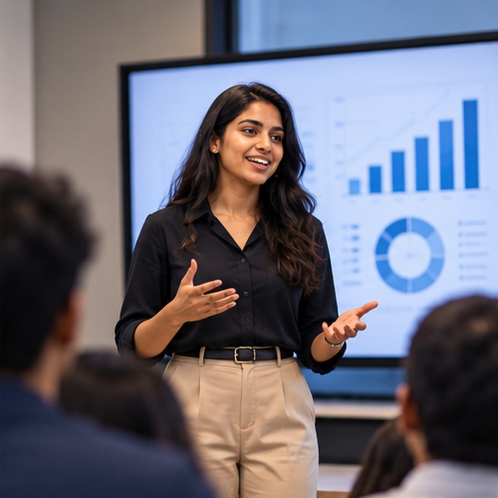 A young professional presenting her work and answering questions from reviewers