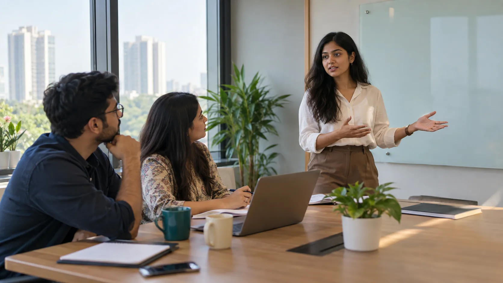 A young professional framing a problem while two colleagues listen and question it