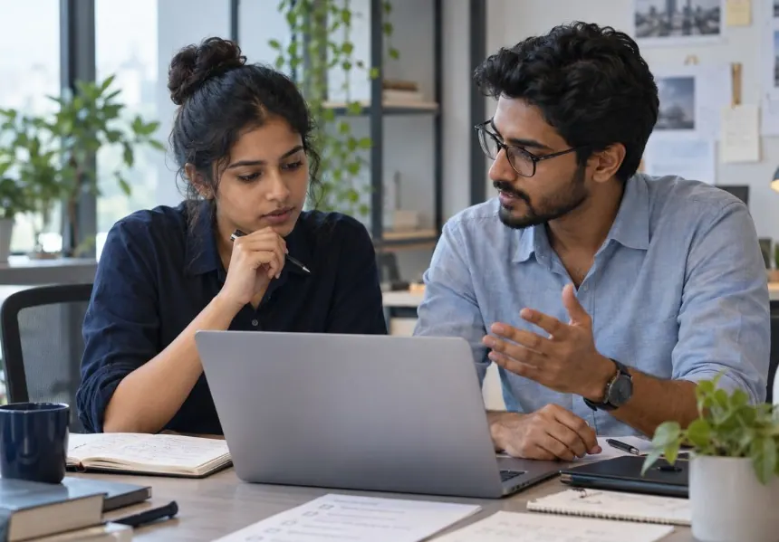 Two young professionals working through a problem together at a laptop
